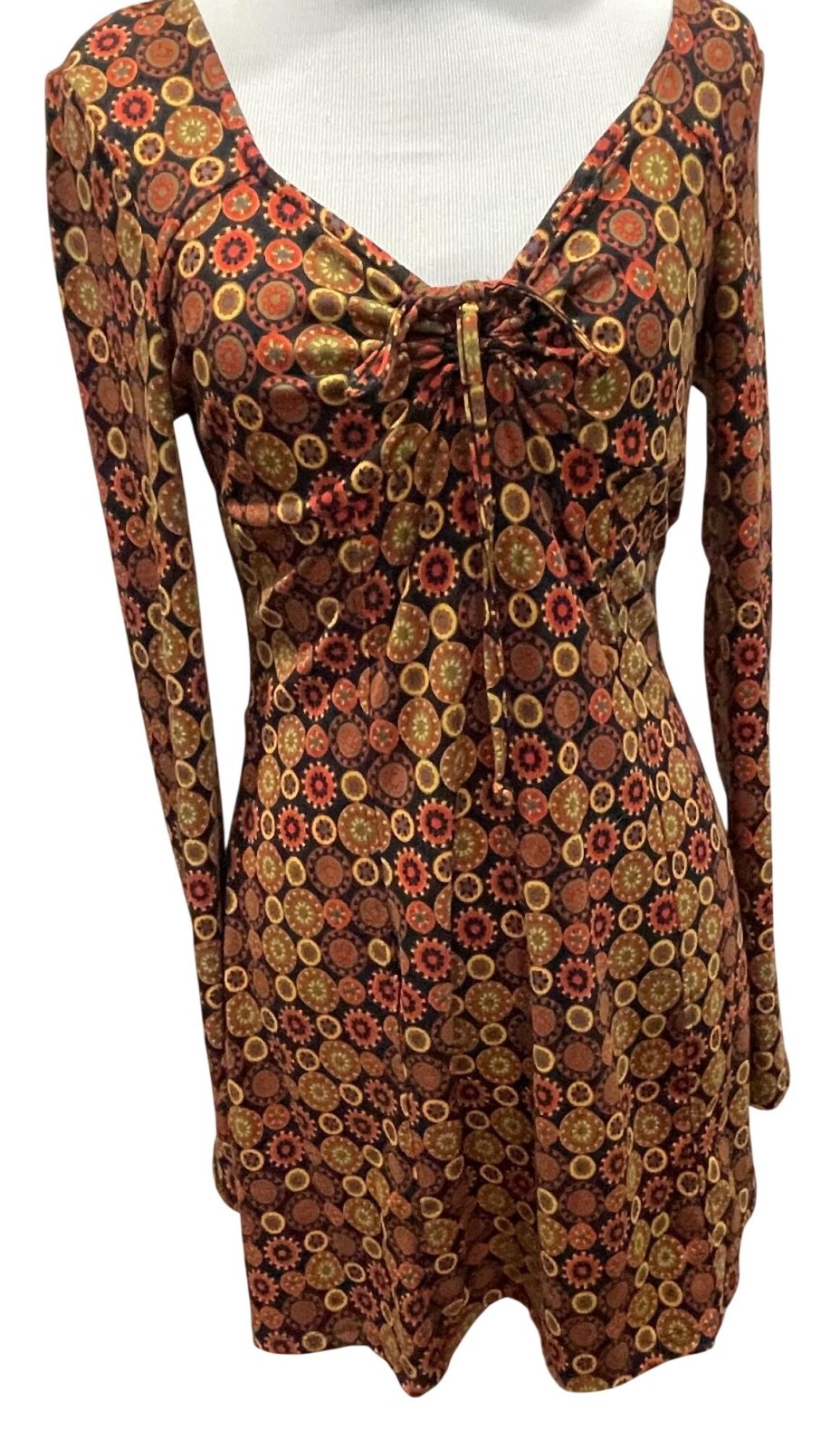 SO Patterned Mini Dress Small Orange Brown Geometric Tribal Boho Gypsy Festival