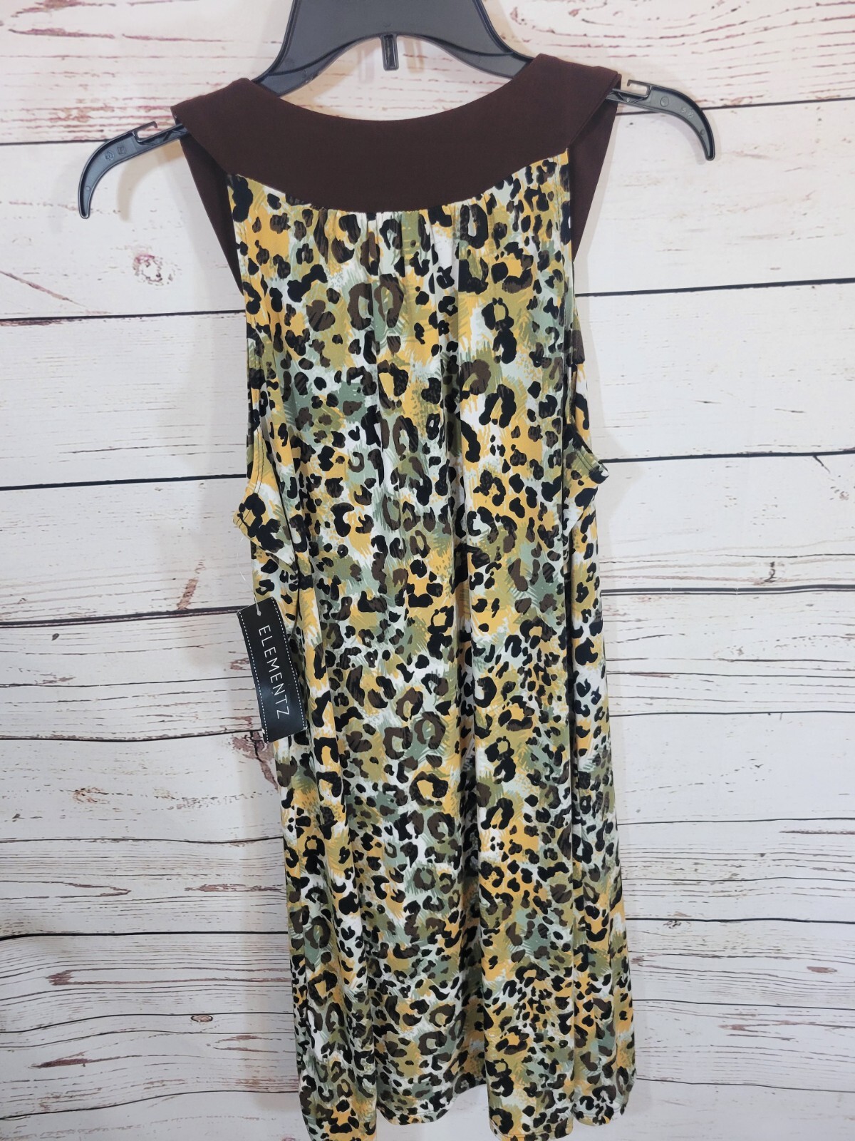 NWT Elementz Sleeveless Casual Dress Brown Leopard Print Beaded Women’s SZ Large