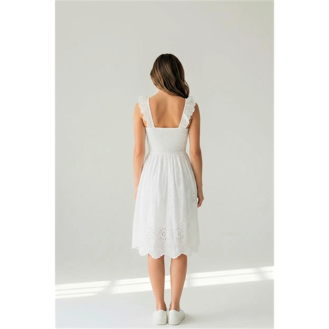 Andree by Unit Ivory Eyelet Dress Smocked Ruffle Strap Midi White Small NWT