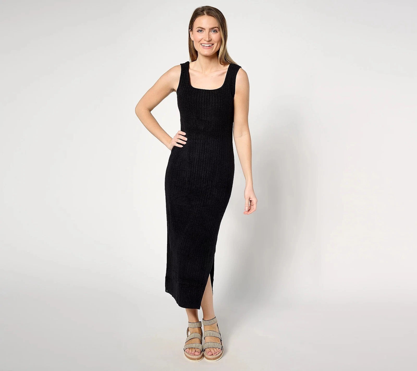 Barefoot Dreams Petite CozyChic Ultra Lite Ribbed Dress Black 2X New