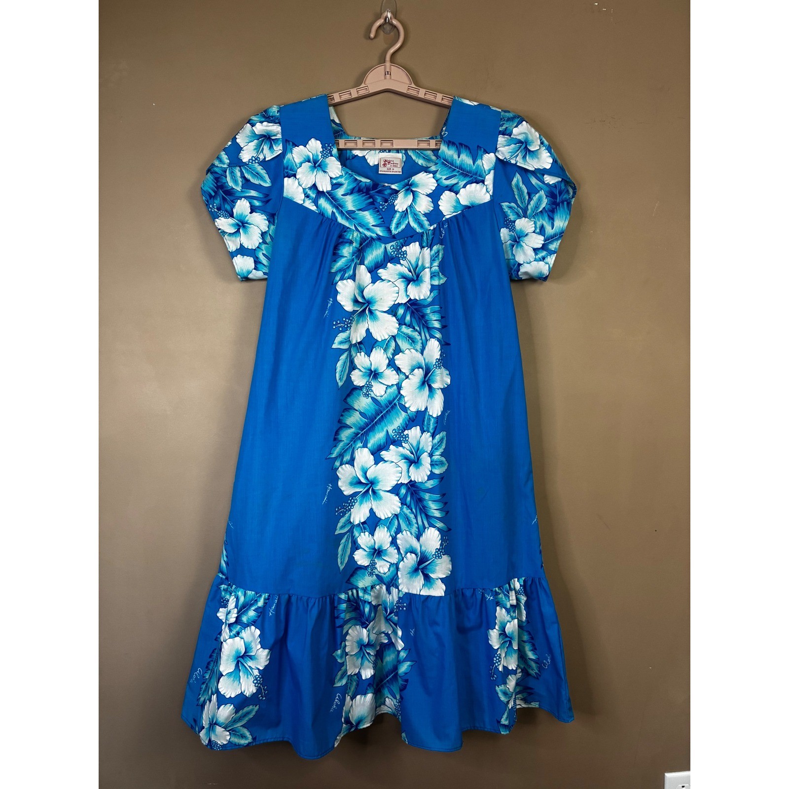 Kalena Fashions of Hawaii Blue Hibiscus Floral Muumuu Dress Ruffle Hem Medium