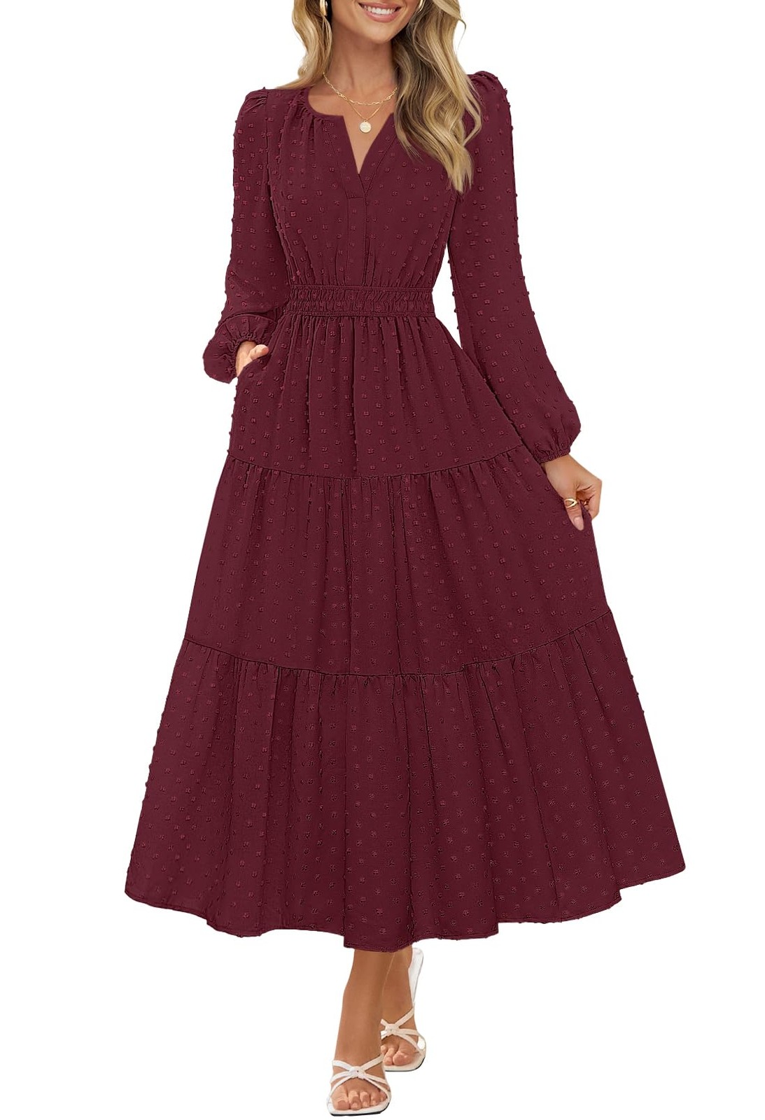 MEROKEETY Women’s Wine Fall Long Sleeve Maxi Dress 2026 Boho Ruffle Tiered S