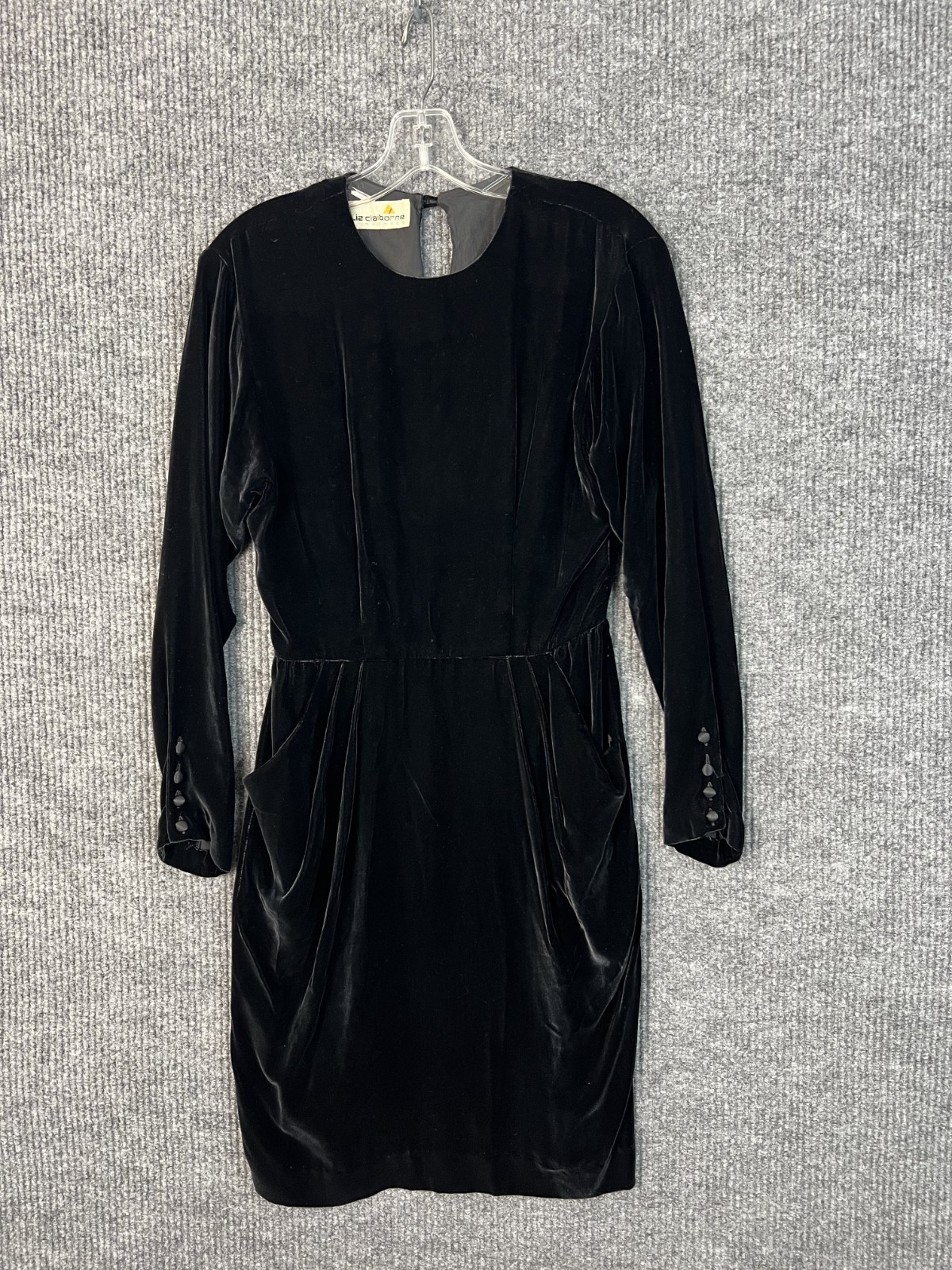 Vintage Liz Claiborne Black Velvet Shift Dress Womens Small? Pockets Button Cuff