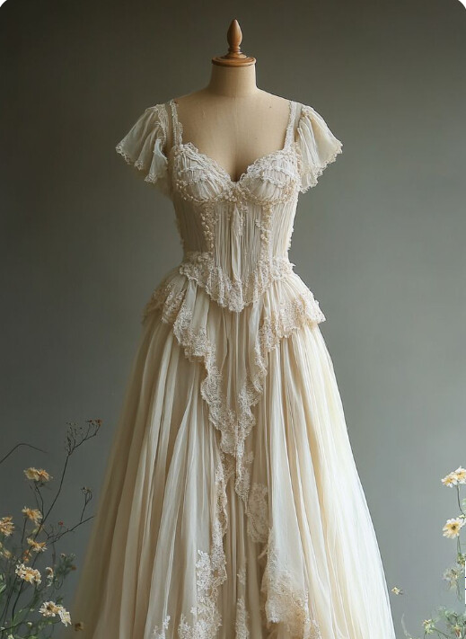 Light Champagne Medieval Vintage Lace A-line Prom Dresses Ruffle Small Tail