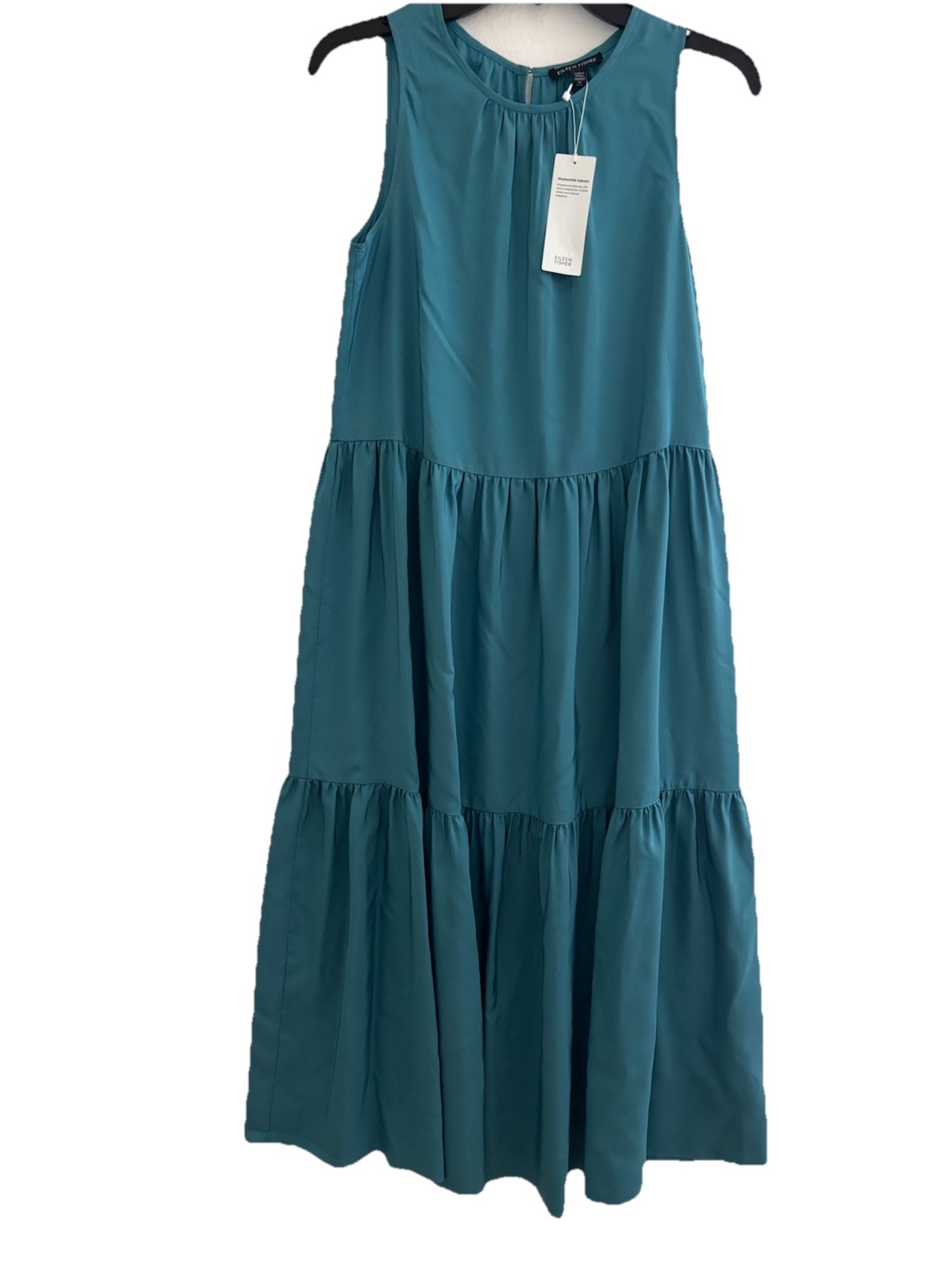 Eileen Fisher Wash Silk Habutai Round Nk Tiered Midi Dress River XL NWT $358