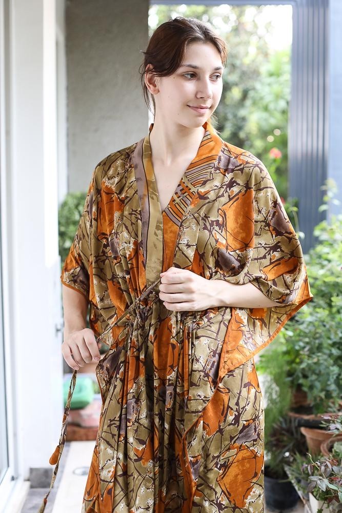 Silk Green Kaftan / Handmade Flowy Maxi Dress / Resort Wear Outfit PS MFN1024