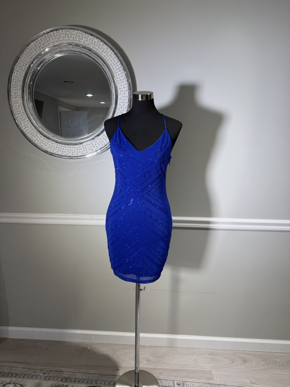 VIP Fashion Royal Blue Rhinestone Open Back Bodycon Mini Dress Size M