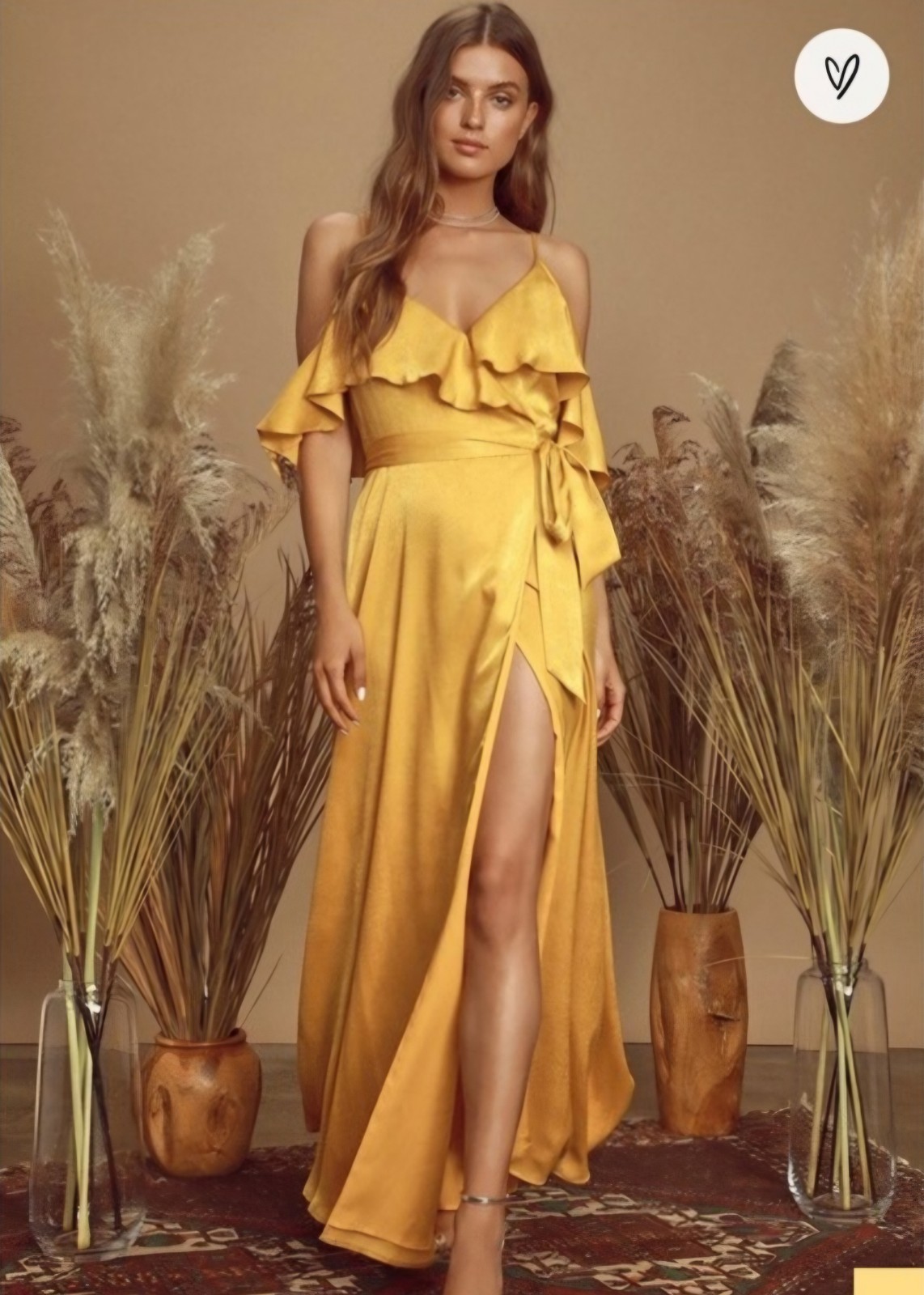 NWT Lulus Women’s Moriah Mustard Yellow Gold Satin Wrap Maxi Dress New Size L