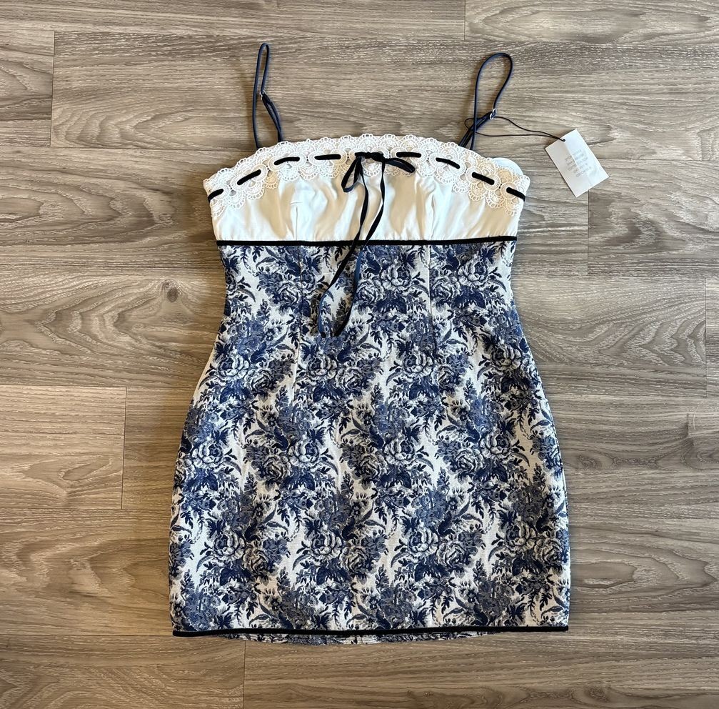 More To Come Zahra Mini Dress Blue White Toile Floral Coquette Bodycon