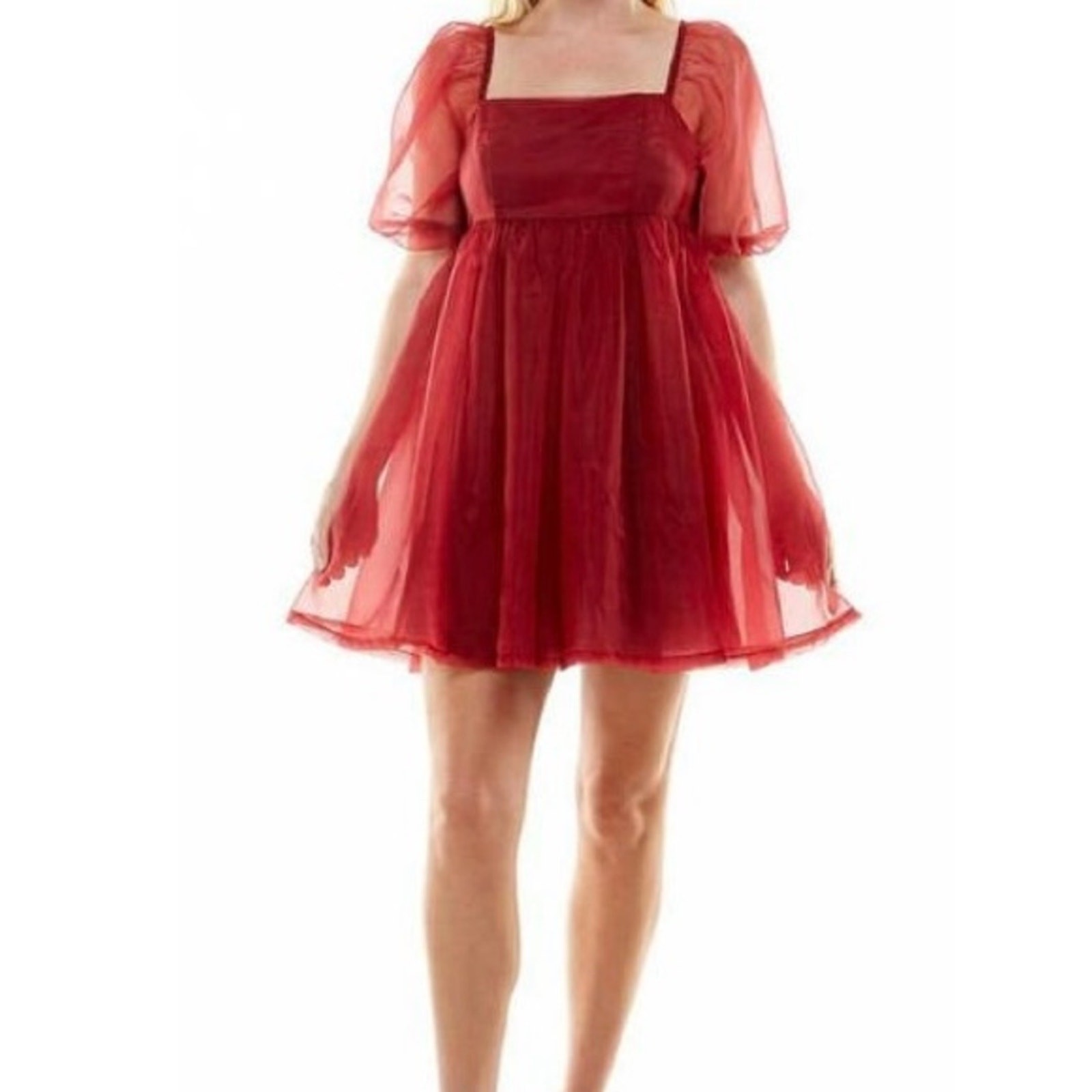 TCEC Burgundy Organza Babydoll Dress Size Small Puff Sleeve Coquette Cottagecore