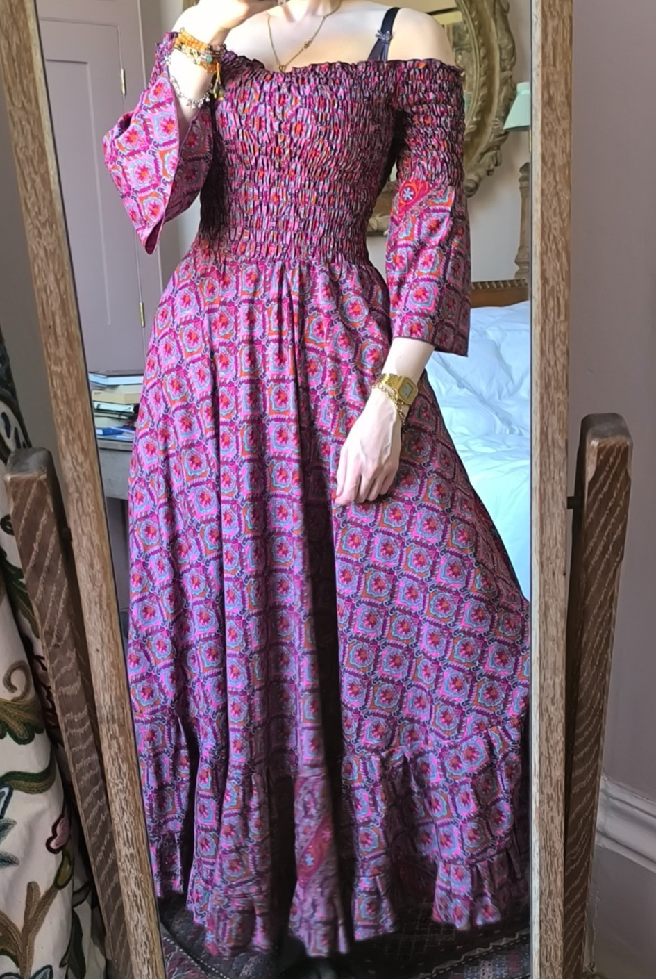 Boho 70% SILK Paisley Maxi Dress Red Purple Ruffled Shirred Festival 8 10 12