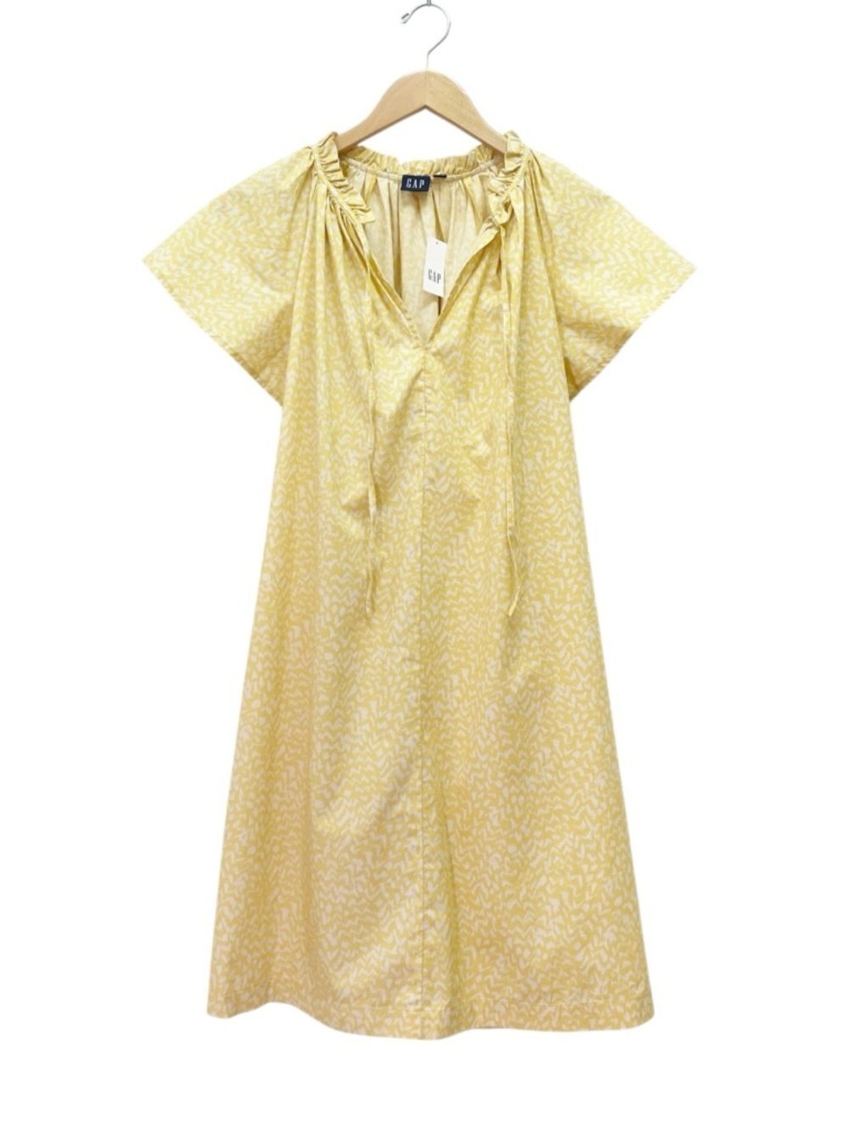 NWT Gap Yellow Print Flutter Sleeve Dress M Tall Cotton Ruffle Tie Neck Shift