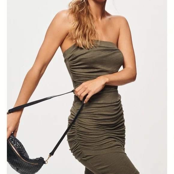 Daily Practice Women Tube Dress Ruched Strapless Midi Olive Green Small