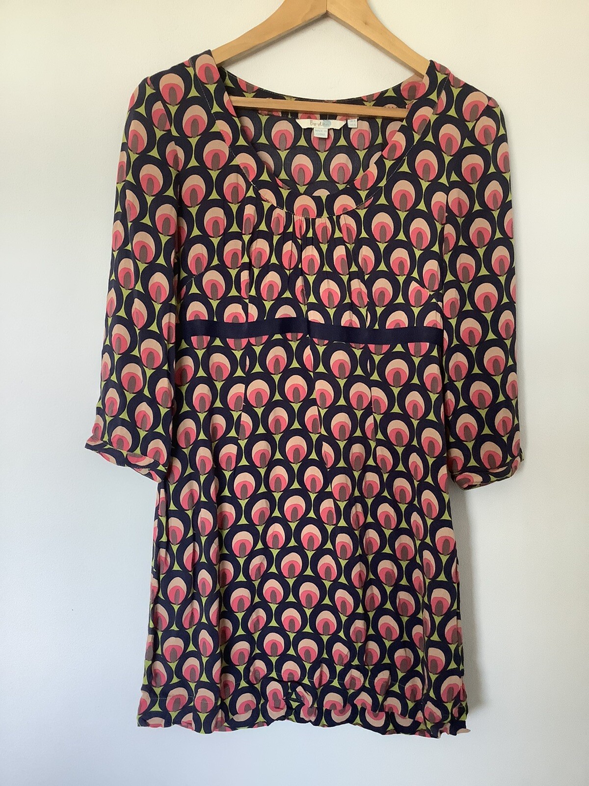 Boden Size 8 Geometric Circle Pattern High Waist Dress Lightweight 3/4 Sleeves