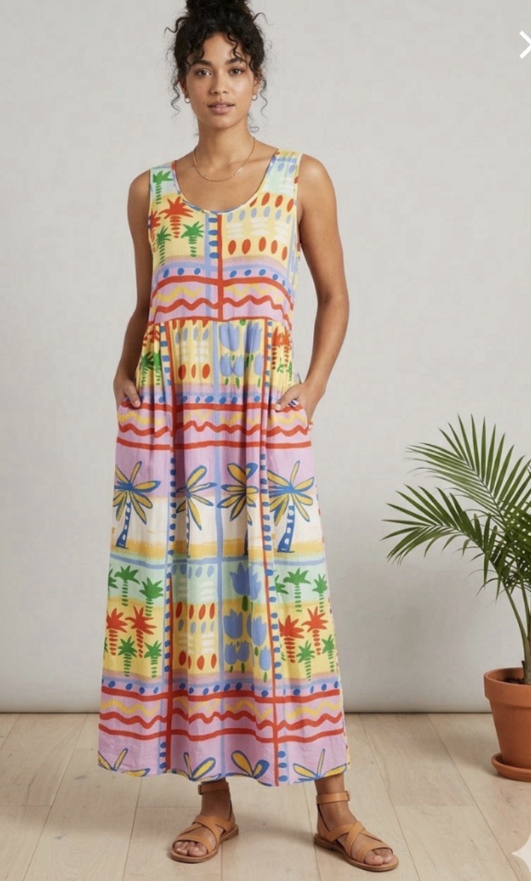 Vtg Y2K Jams World Midi Dress Sz S Colorful Tropical Coastal Hawaii Art Pockets