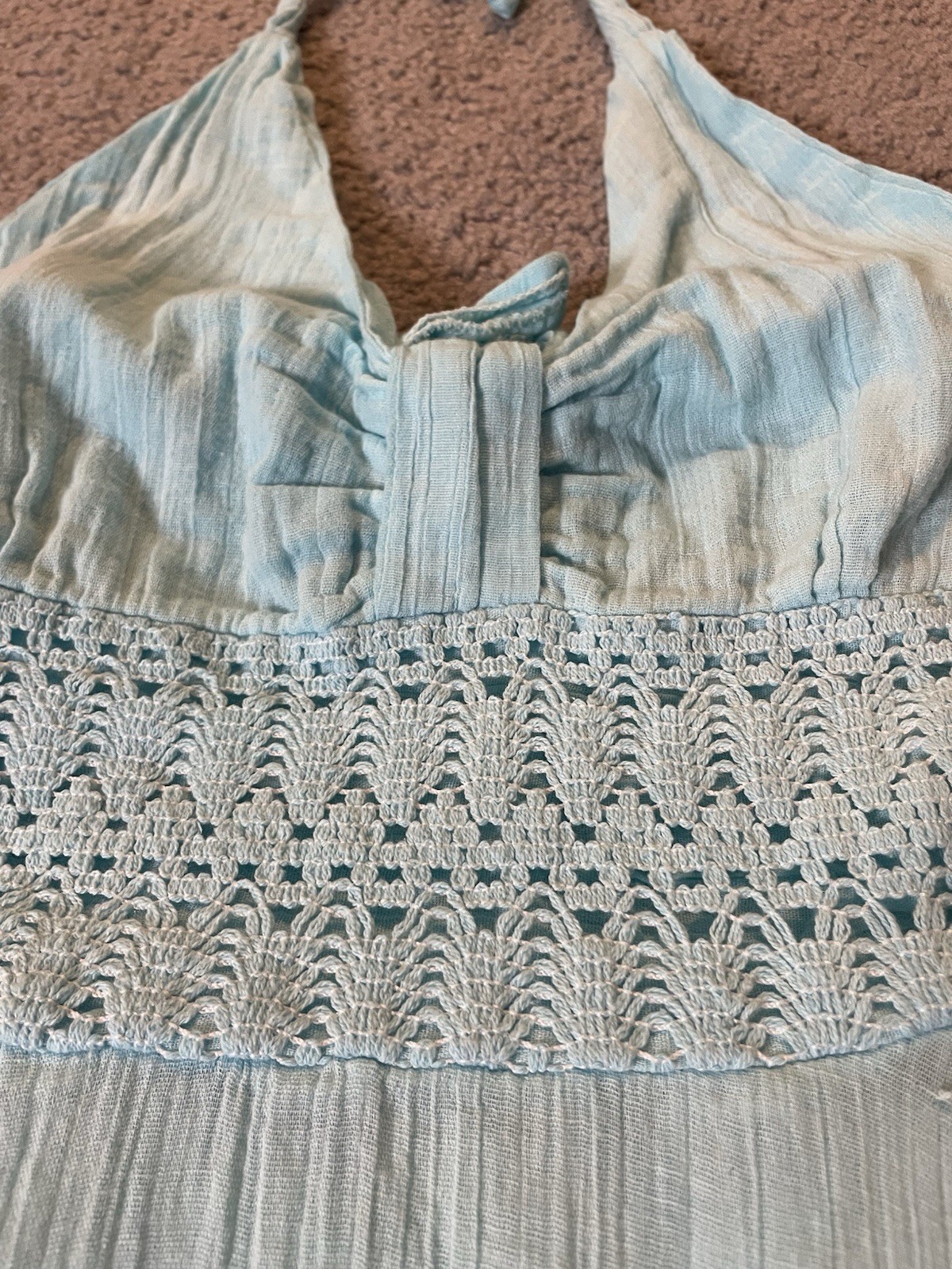 Halter Neck Handkerchief Hem Dress Sz M Lace Trim Blue Crinkled Rayon Lagenlook
