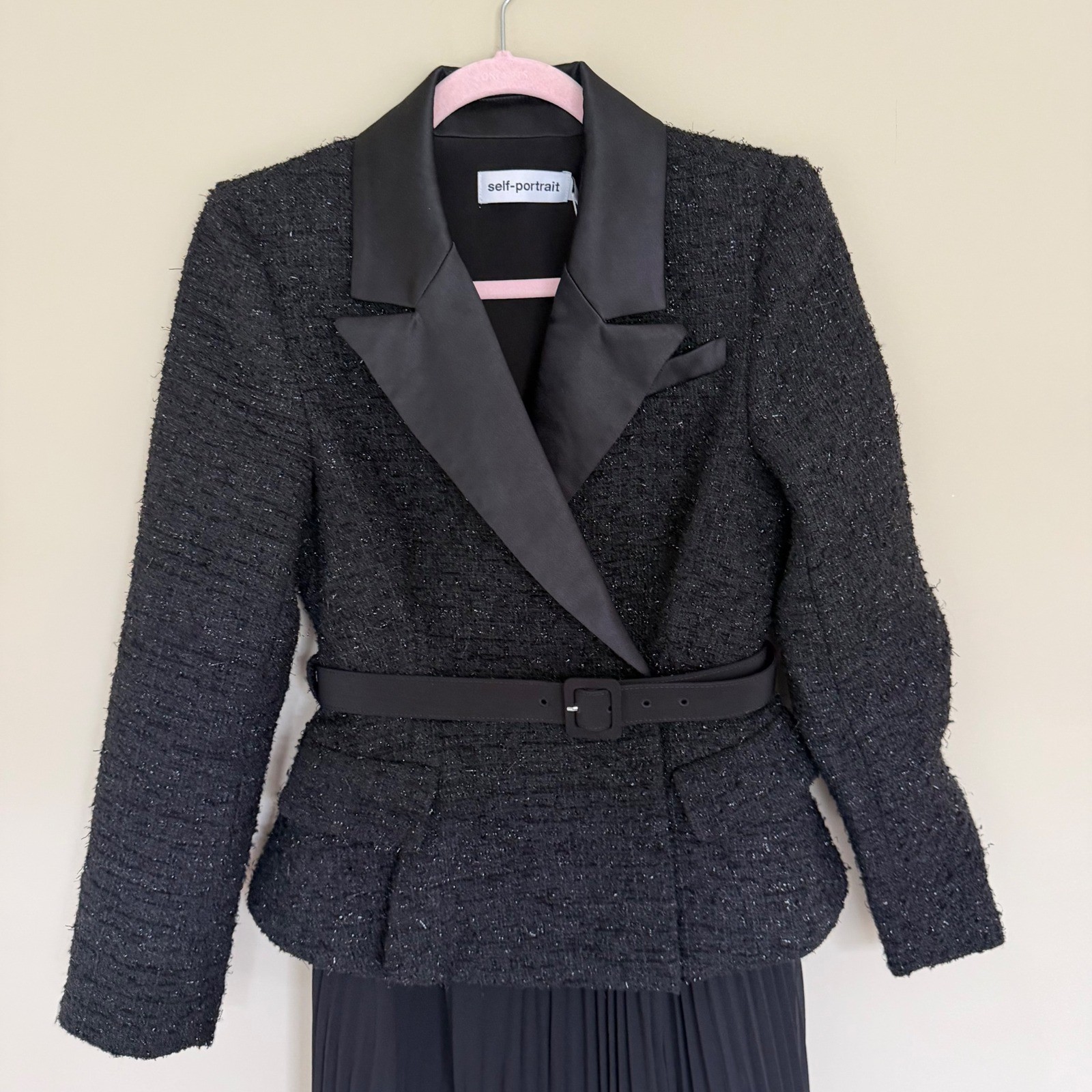 Self Portrait Black Tinsel Boucle Midi Dress with Belt Size 4 NWT $660