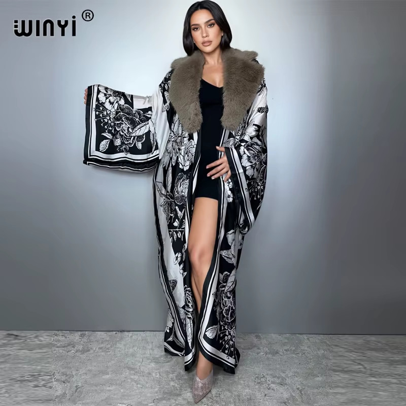 Boho Silk Feeling Kimono Faux Fur Fur Collar Coat Party Dress Abaya Dubai Luxury