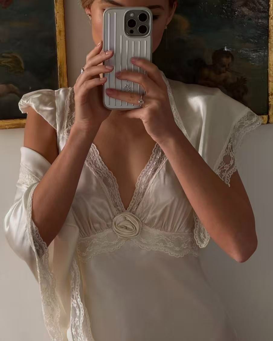 French Lace Slip Maxi Dress White Satin Romantic Cottagecore Dress XS