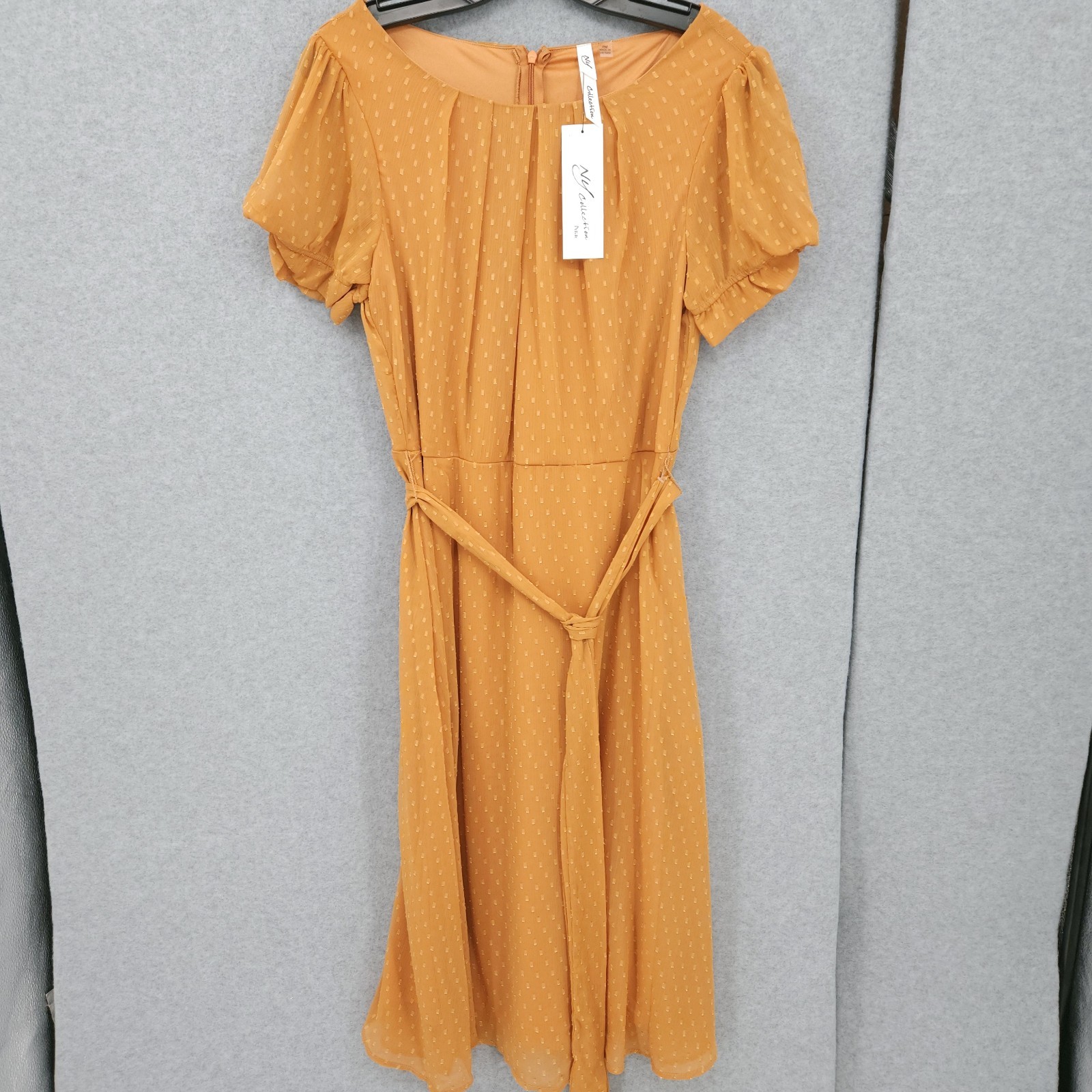 NY Collection Short Sleeve Belted Swiss Dot Caramel Dress Womens Size PM NWT