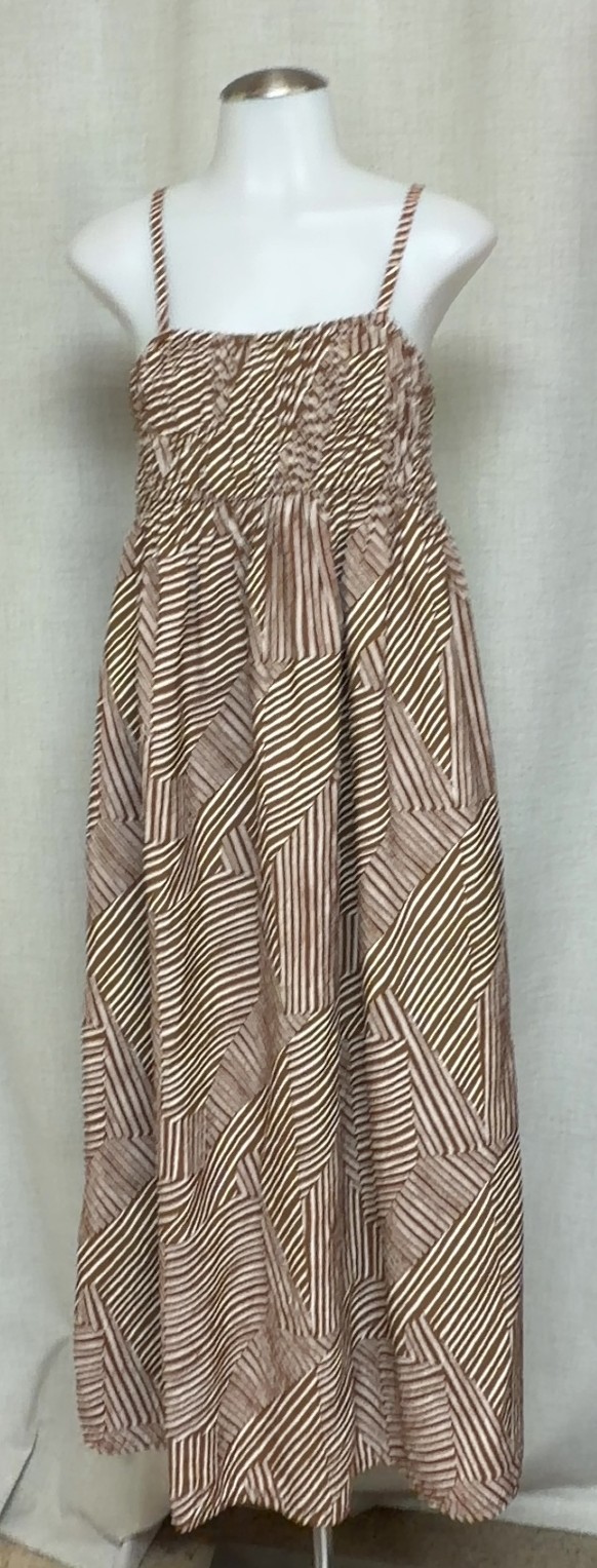 A NEW DAY Brown White Striped Smocked Maxi Sundress Strappy Dress XS