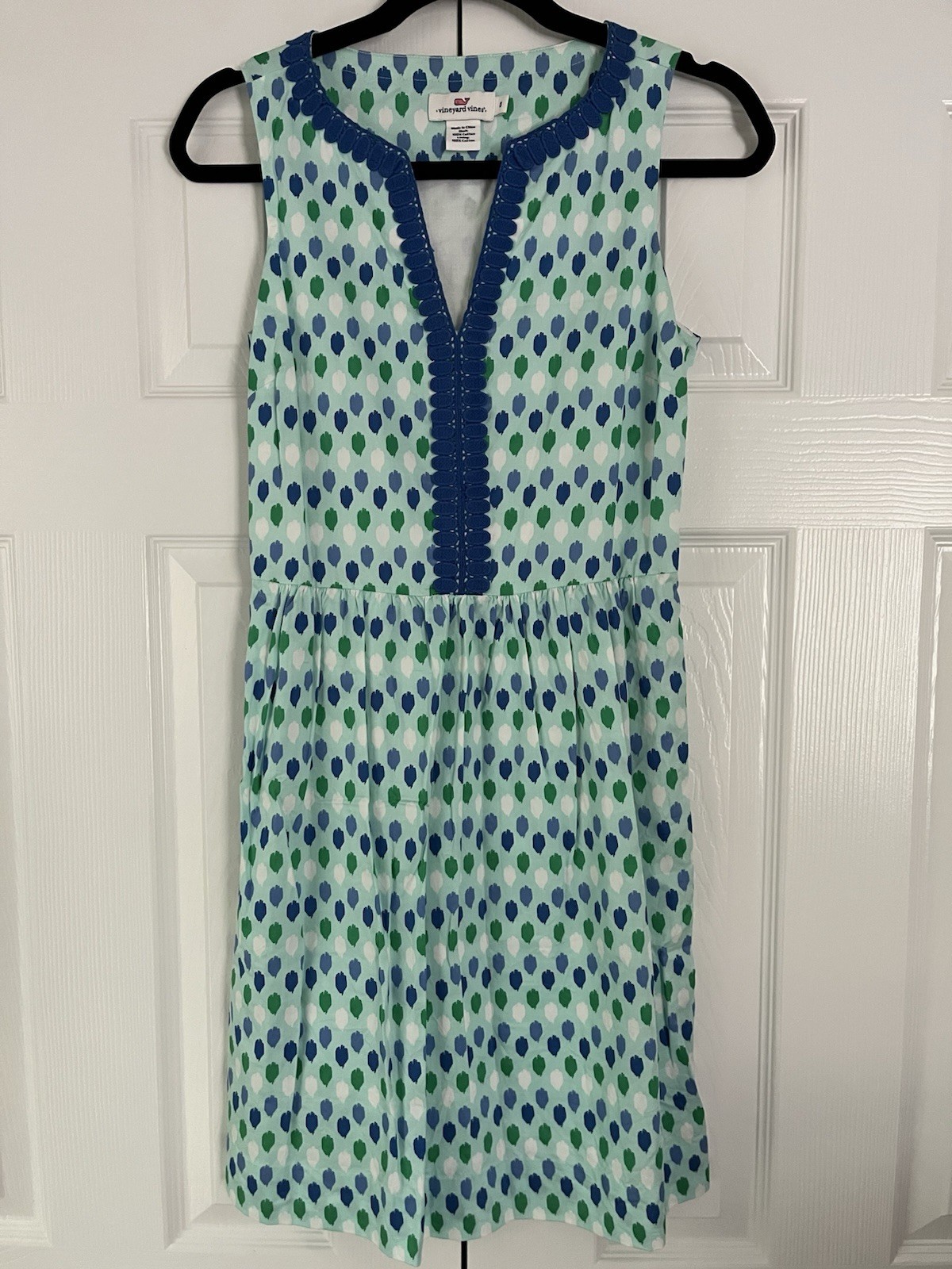 Vineyard Vines Sleeveless Blue Green V-Neck Paint Polka Dot Dress Size 0