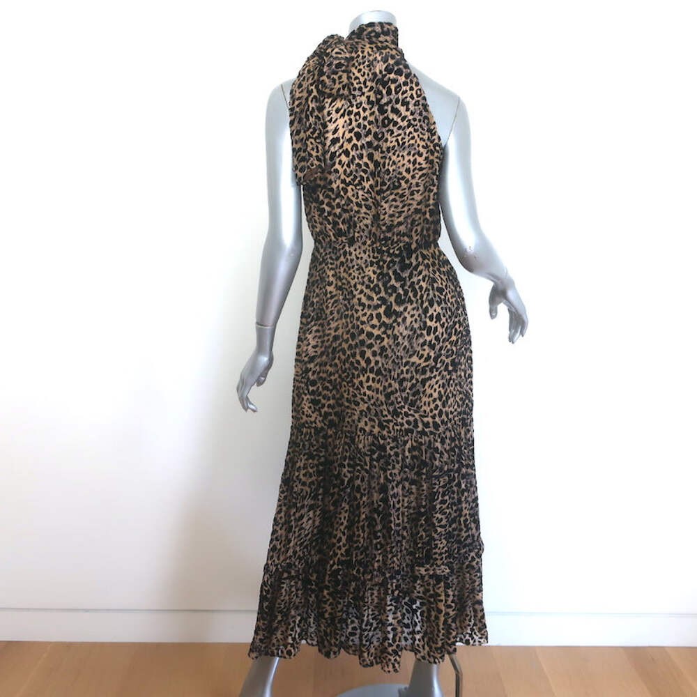 RIXO Eleanor Leopard Burnout Chiffon Midi Dress Brown Silk-Blend Size Small