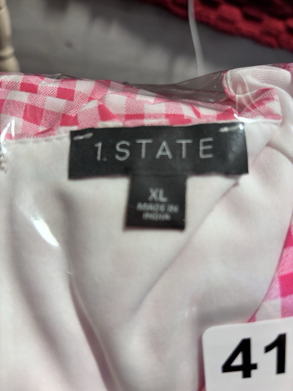 1 State Pink White Checked Pleated Lined XL Dress Baloon Sleeve 44 Bust 36 Waist