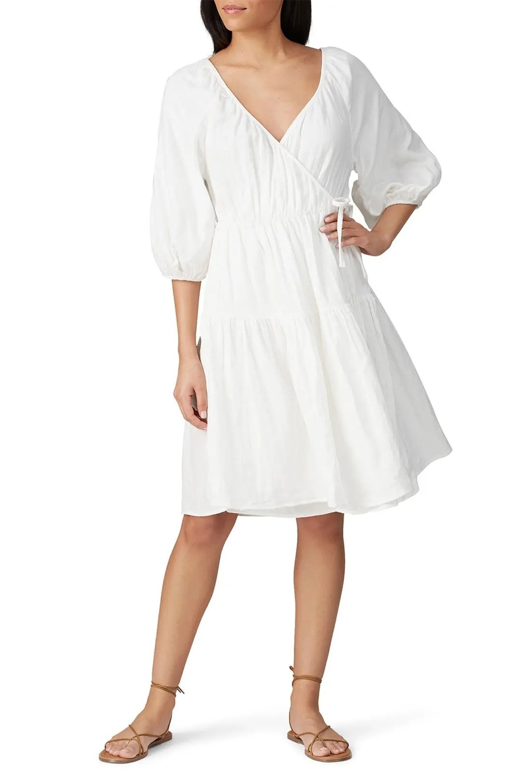 Love Whit by Whitney Port White Gauze Wrap Dress Puff Sleeves Tiered Skirt XS