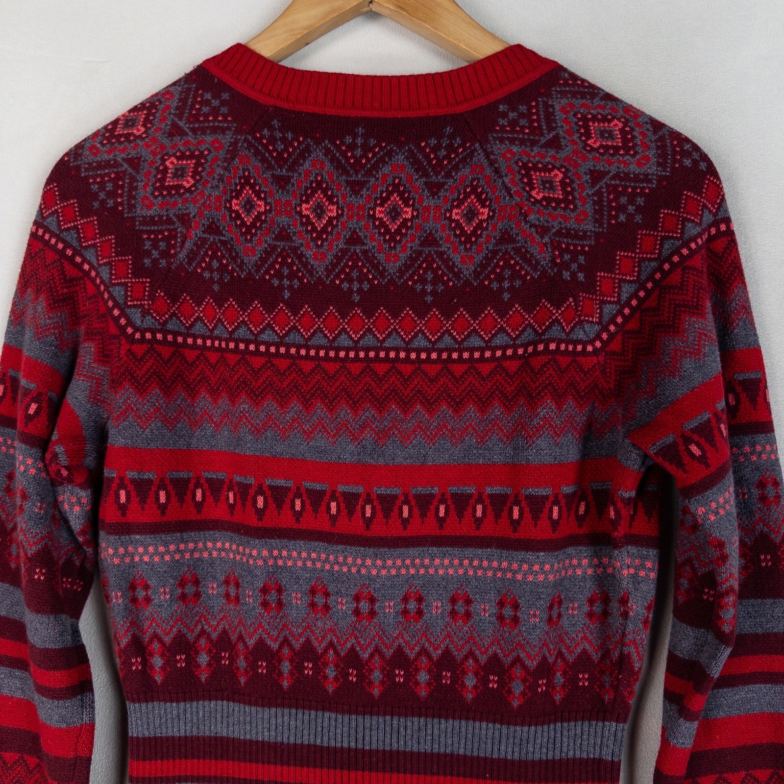 Athleta Womens Sweater Dress Small Red Grey Fair Isle Knit Split Neck 3/4 Sleeve