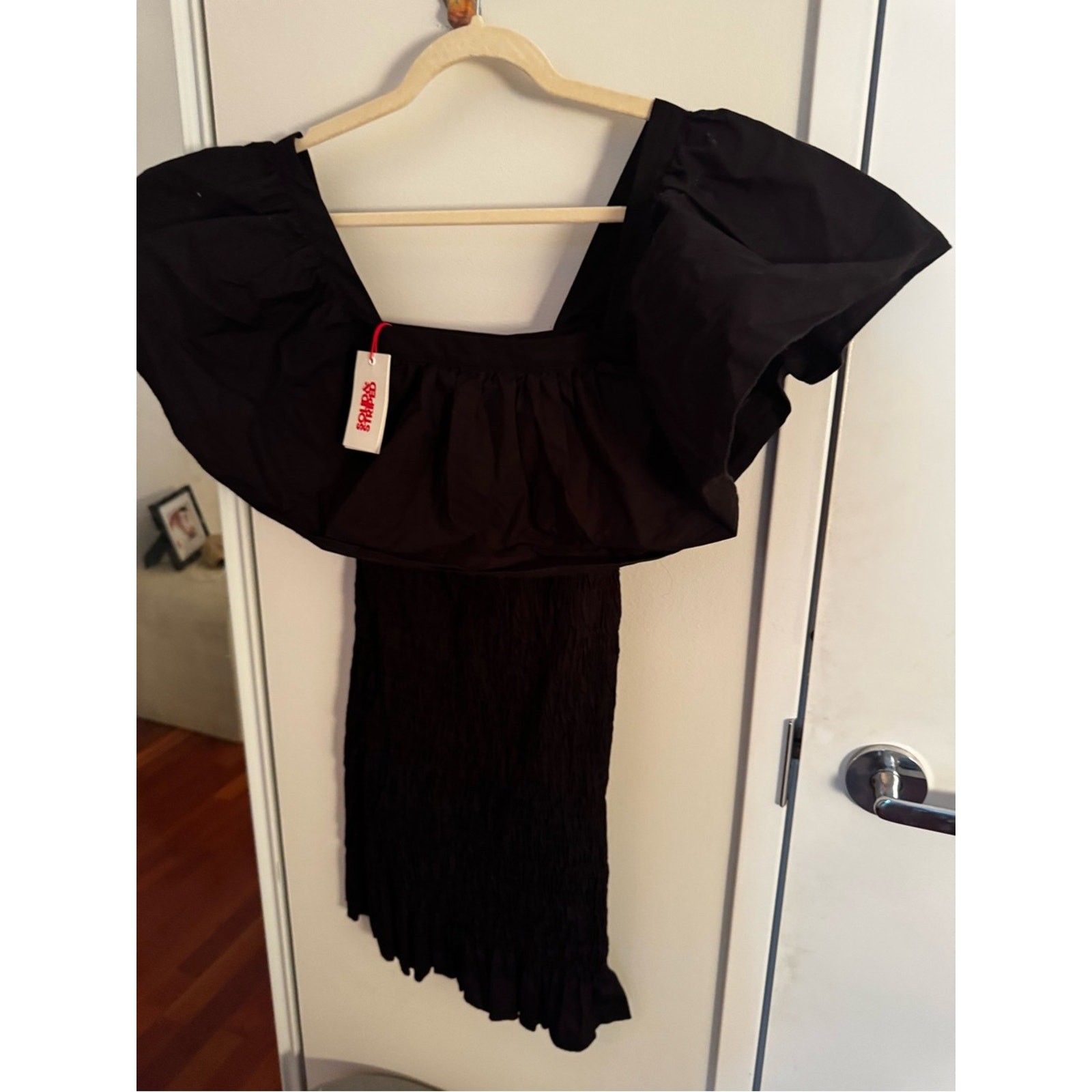 SOLID & STRIPED Smocked Ruffle Dress in Black Poplin NWT