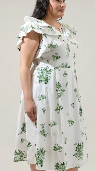SugarLips Ria Floral Santana Tie Back Midi Emerald White Dress Plus Size 2X