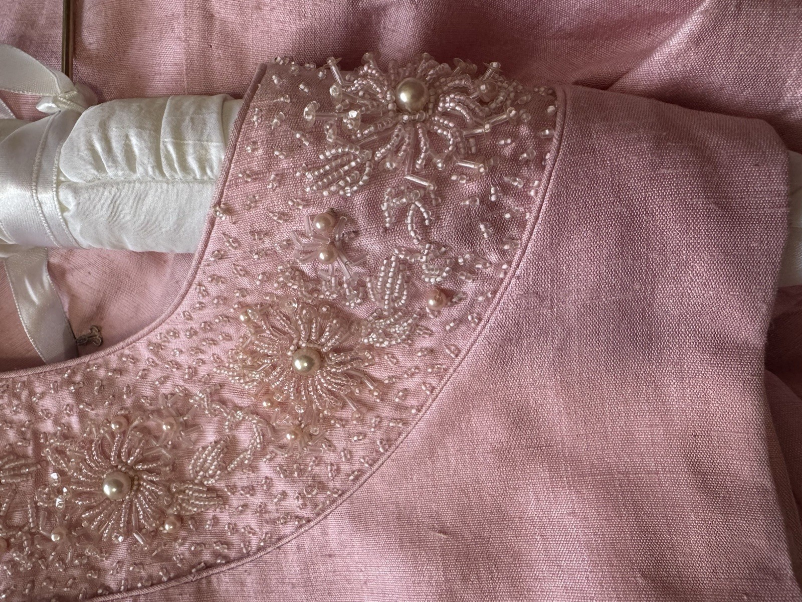 Vintage Pink Hand Beaded Cocktail Dress | Pearls Silk | 60’s Jackie O Glam