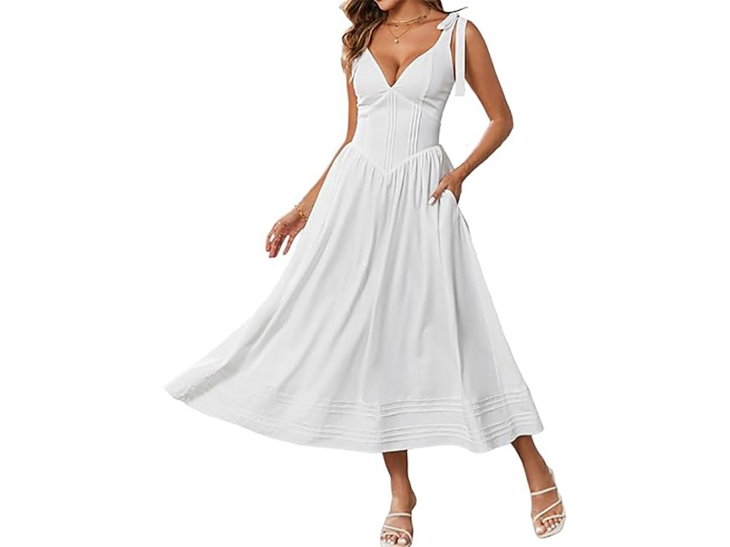 JKMNAO WOMEN S-SIZE WHITE CORSET V-NECK FLOWY A-LINE SUNDRESS MIDI CASUAL DRESS