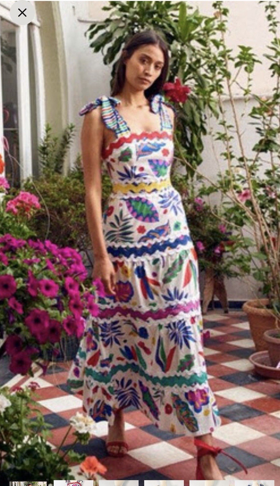Maxi Dress Women’s Multicolor Floral Square Neck Tie-Strap Ruffle Long Size S