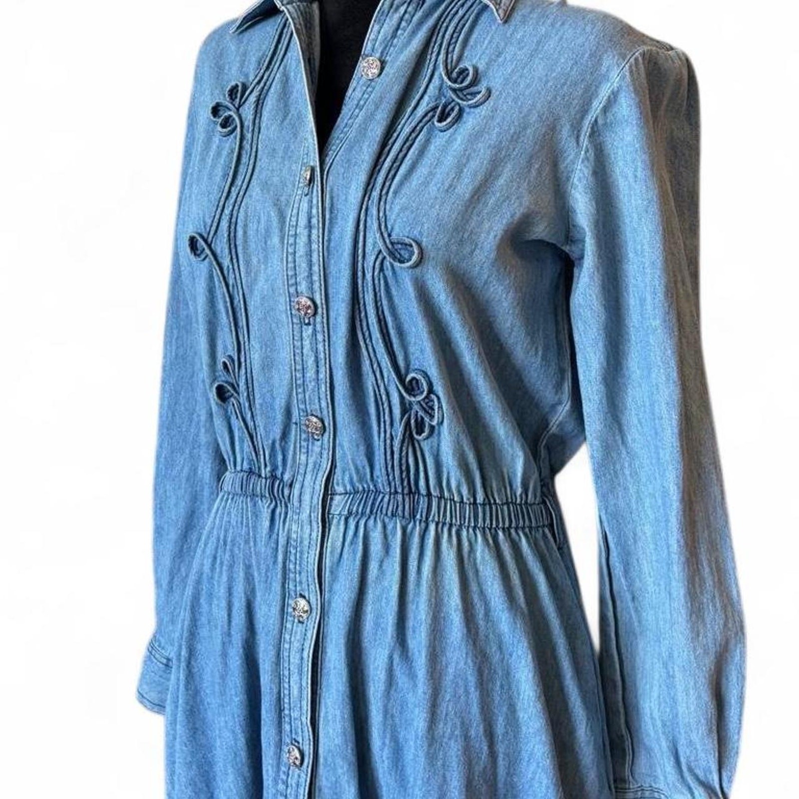 90s Vintage Light Wash Denim Midi Dress – Western Prairie Dress 8