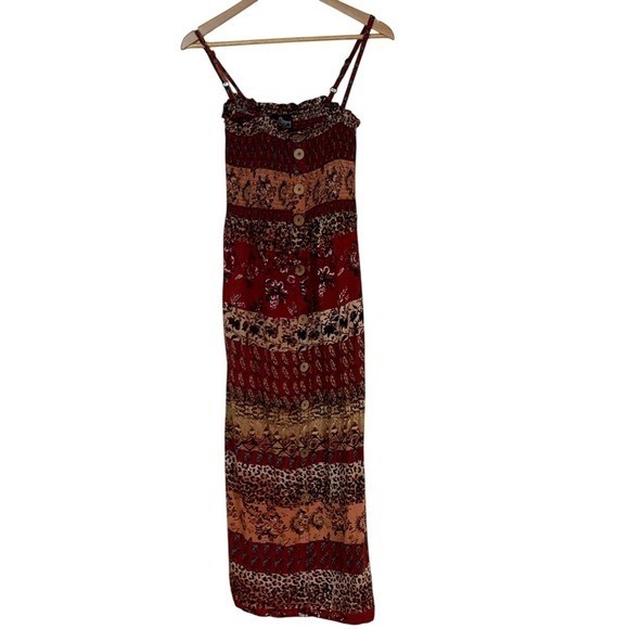 Angie Womens Bohemian Red Brown Smocked Upper Maxi Dress Size Large Festival