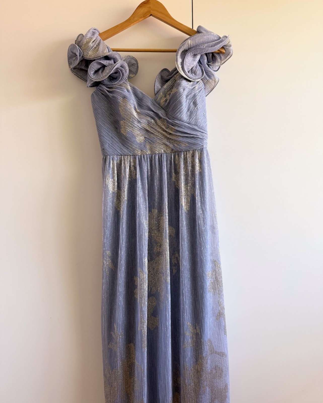 After Six Ruffle Off the Shoulder Metallic Column Gown in Larkspur Blue Size S