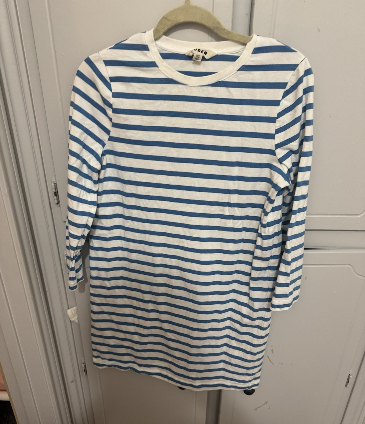 Boden Blue/White Striped Jersey T-Shirt Dress Crew Neck 3/4 Sleeve US 8R
