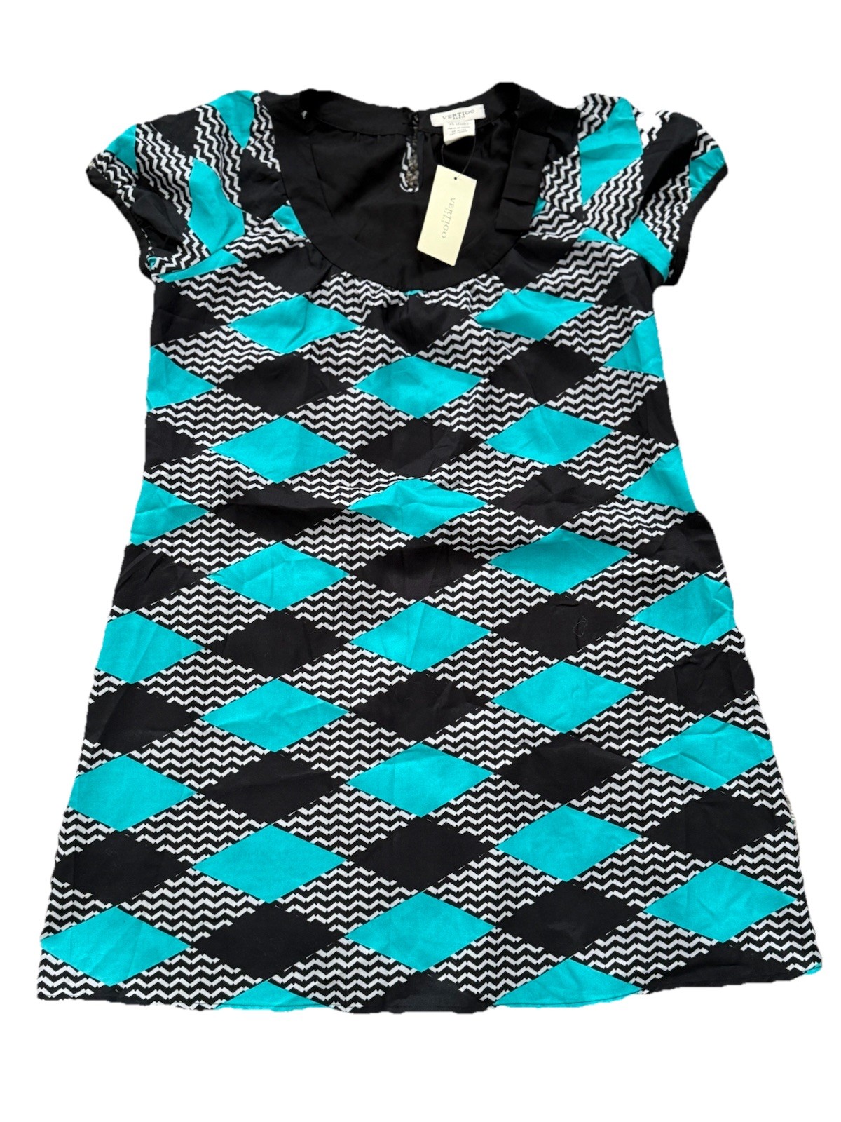 Vertigo Paris Women’s Dress Black White Teal Argyle Diamond Size M