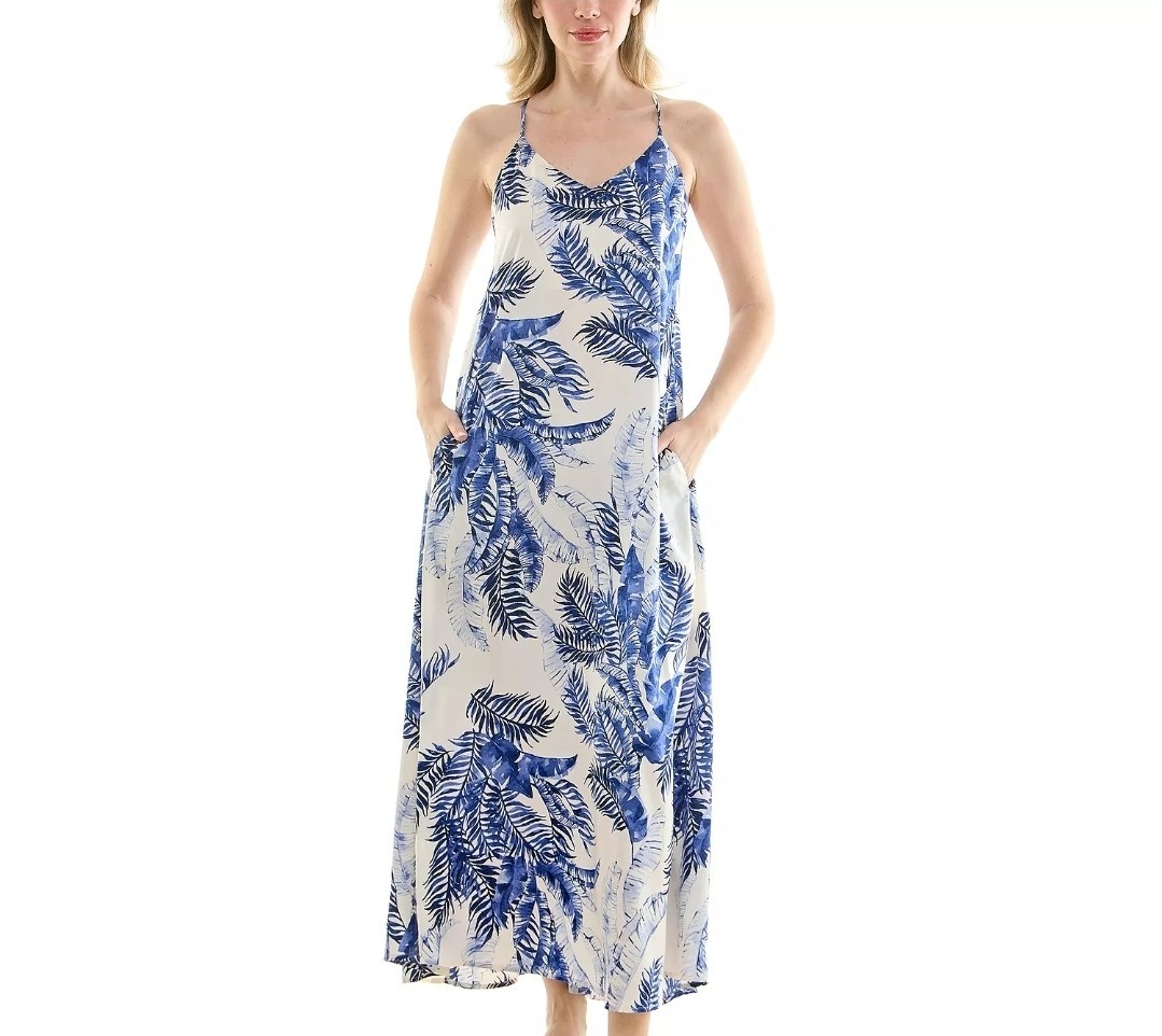 Nicole Miller White/Blue Tropical Floral Palm Fronds V-Neck Maxi Dress M