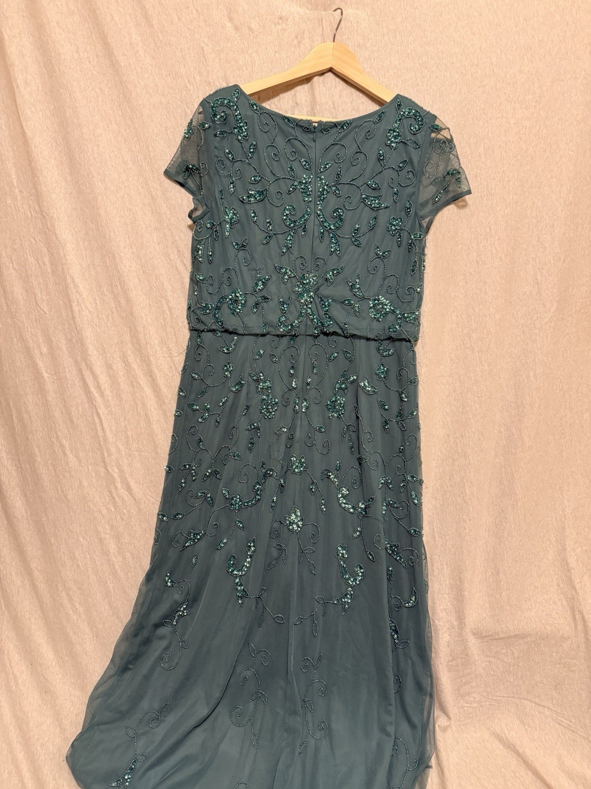 Adrianna Papell Blue Beaded Sequin Mesh Floral Scoop Neck Cap Sleeve Size 12