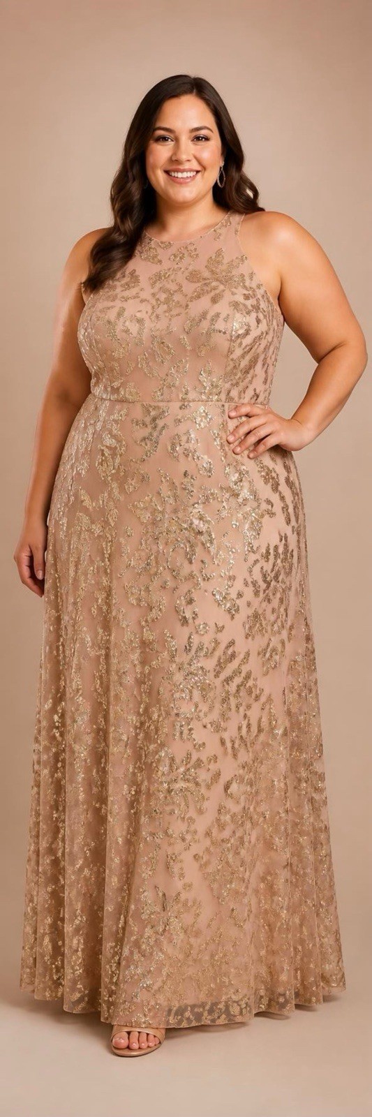 Women’s Size 16 Gold & Beige Floor Length Formal with Sequins – A0191