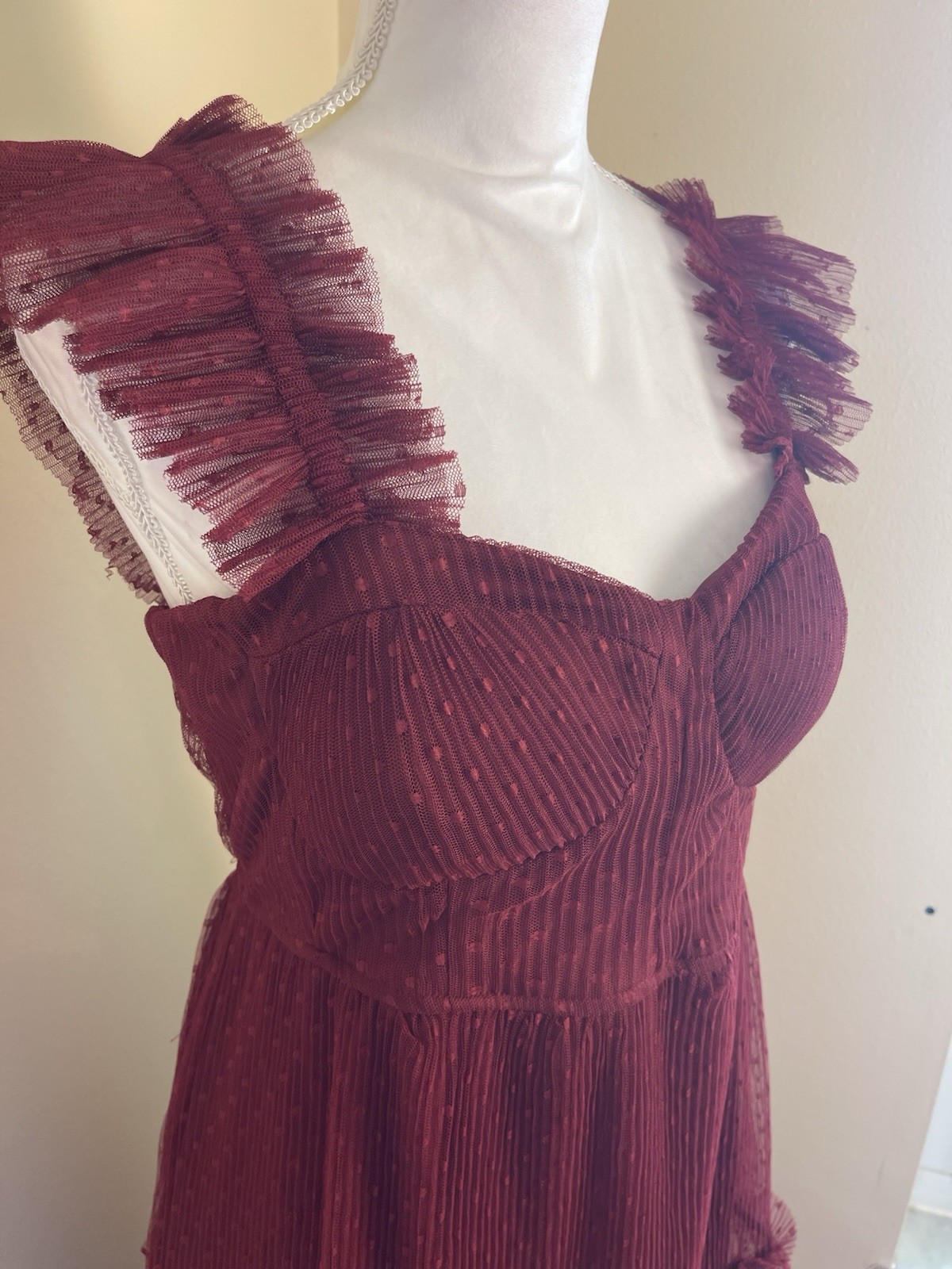 Whimsy Goth Burgundy Mesh Bustier Midi Dress M Swiss Dot Tiered Skirt Fairycore
