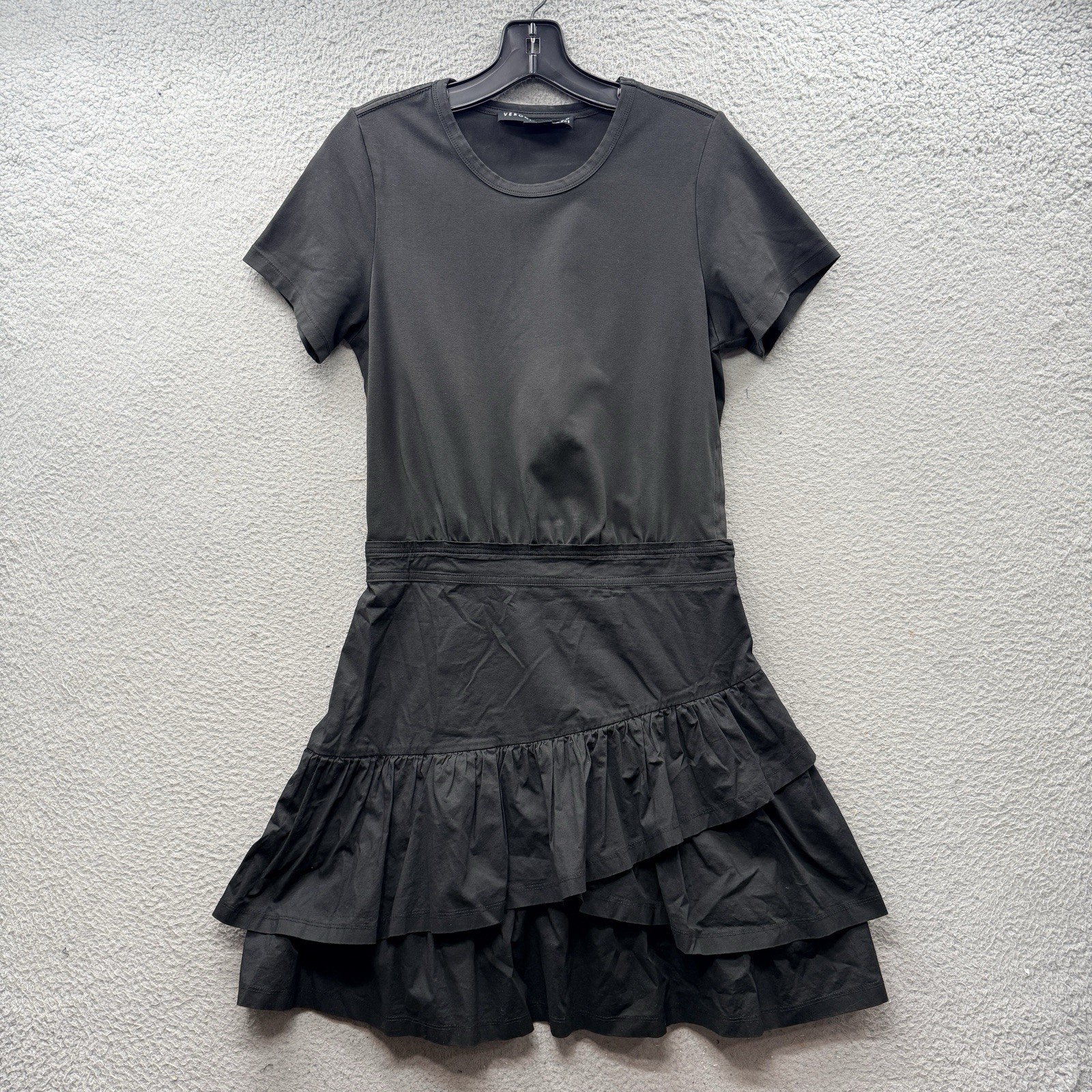 VERONICA BEARD T-Shirt Dress Asymmetrical Ruffle Skirt Mini Knee Length Black M