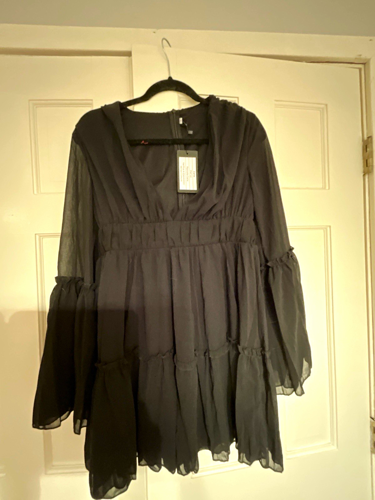 MISS Black Chiffon Mini Dress Bell Long Sleeve Tiered Ruffle Hem Size L