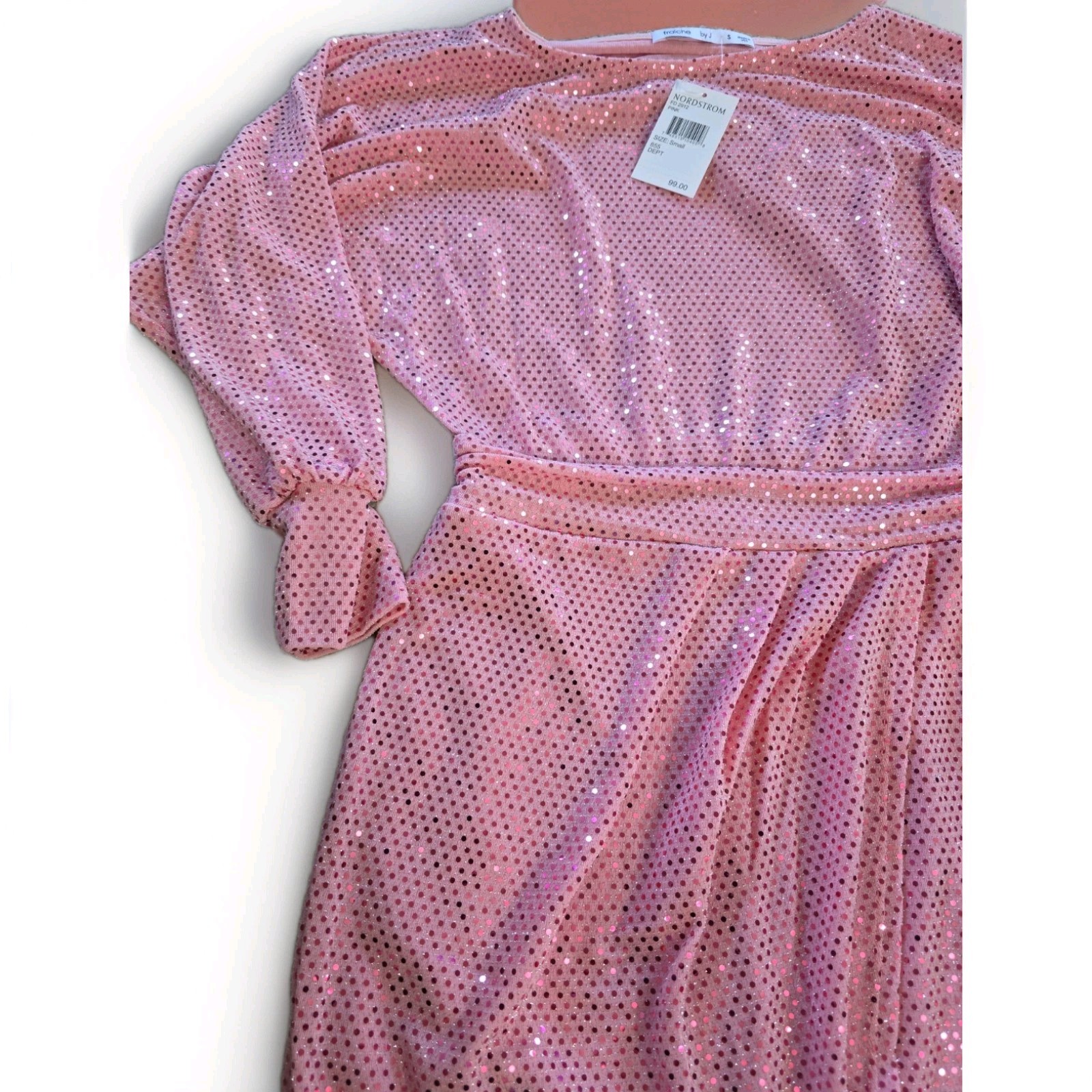 NEW Fraiche By J Sparkle Pink GLITTER Knee Length Party Dress Long Sleeve SZ SM