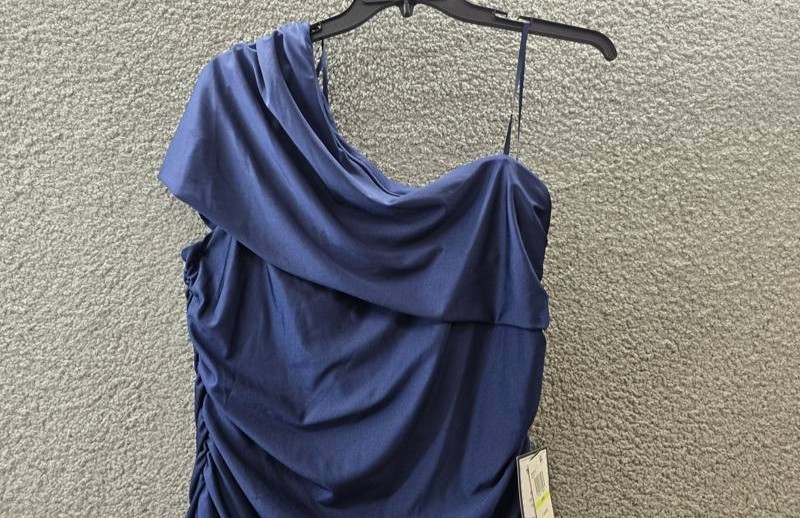 B. Darlin Plus Size Ruched One-Shoulder Dress 18W Navy Solid Back Zip Closure