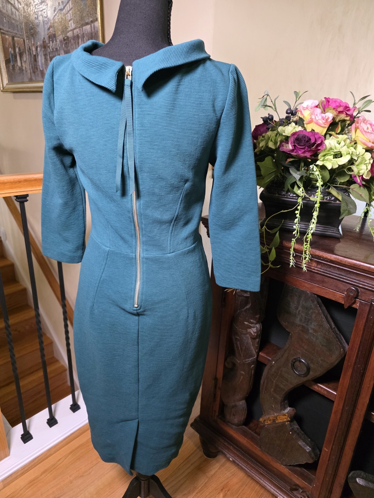 Boden Textured Teal Green Portrait Collar Midi Sheath Dress Gold Back Zip 3/4 Sl