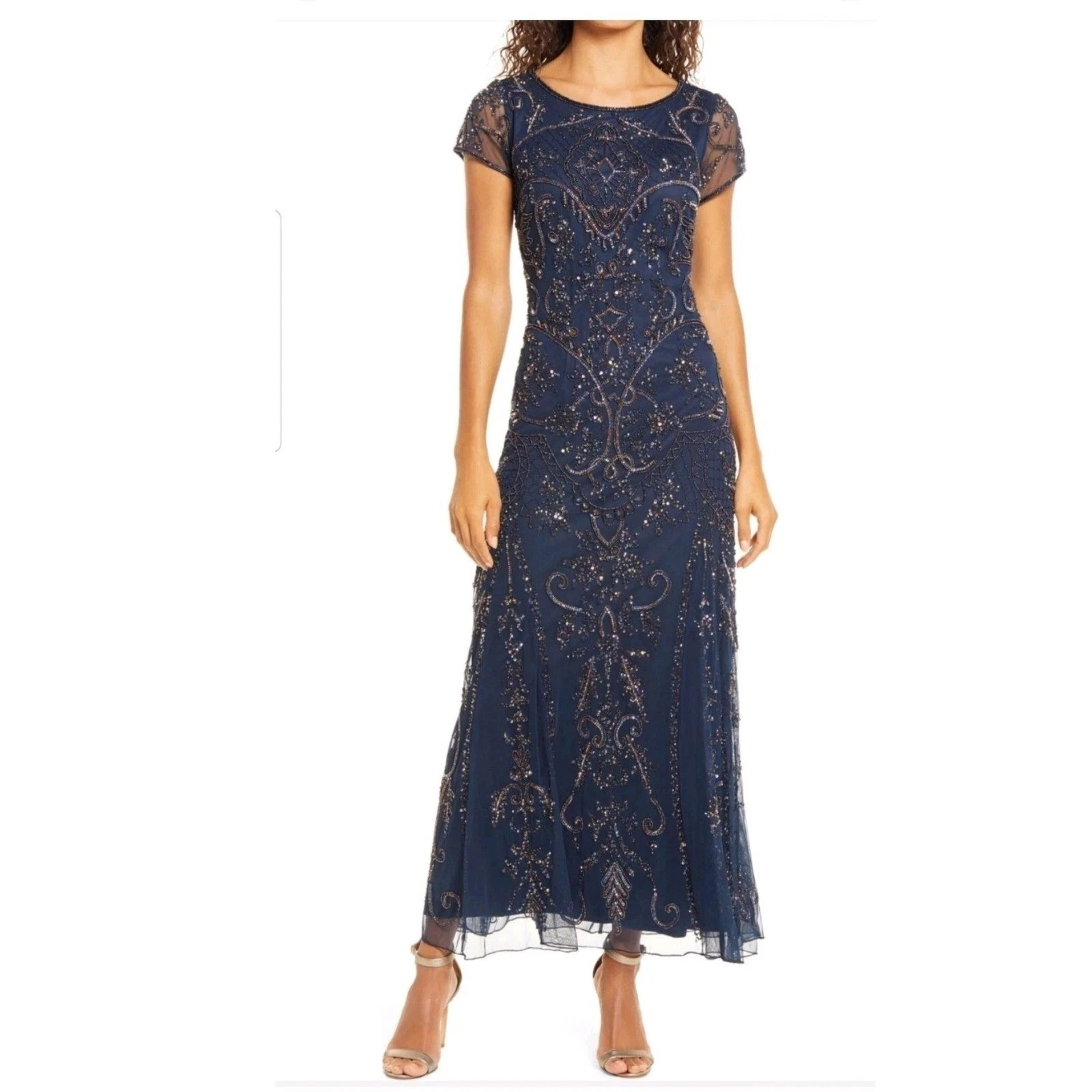 Pisarro Nights Evening Gown Maxi Beaded Crew Neck Size 6 Navy Blue NWT